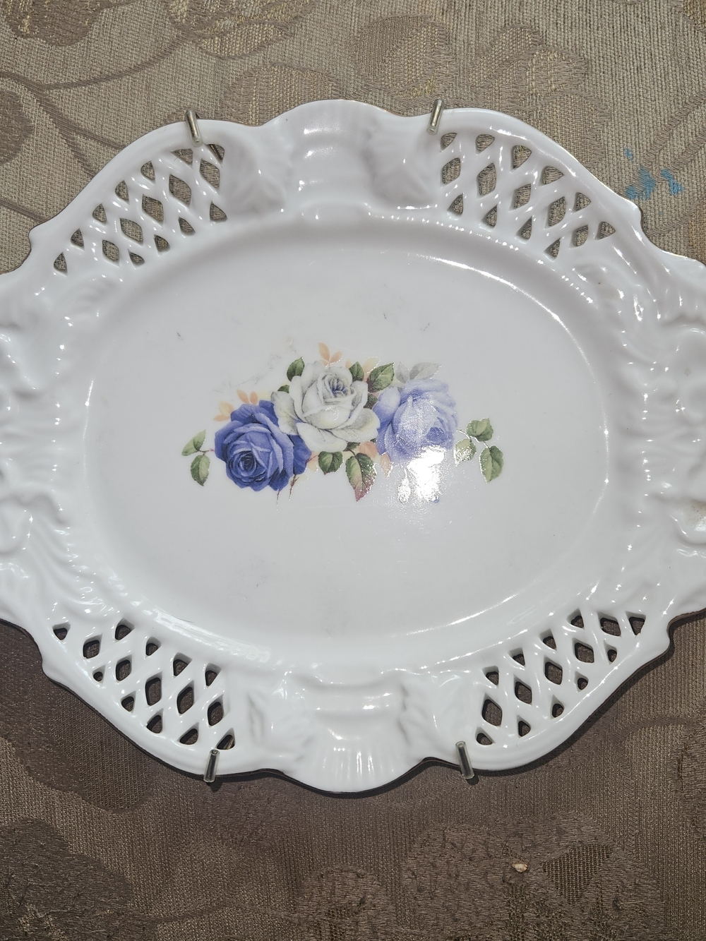 White Porcelain Floral Serving Platter with Blue Rose Design